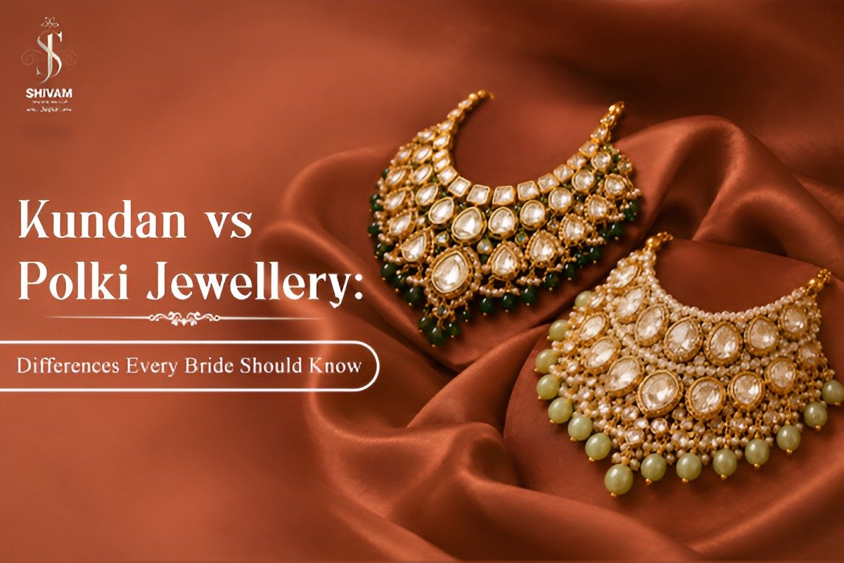 Kundan necklace with green beads next to a Polki necklace with pale green drops