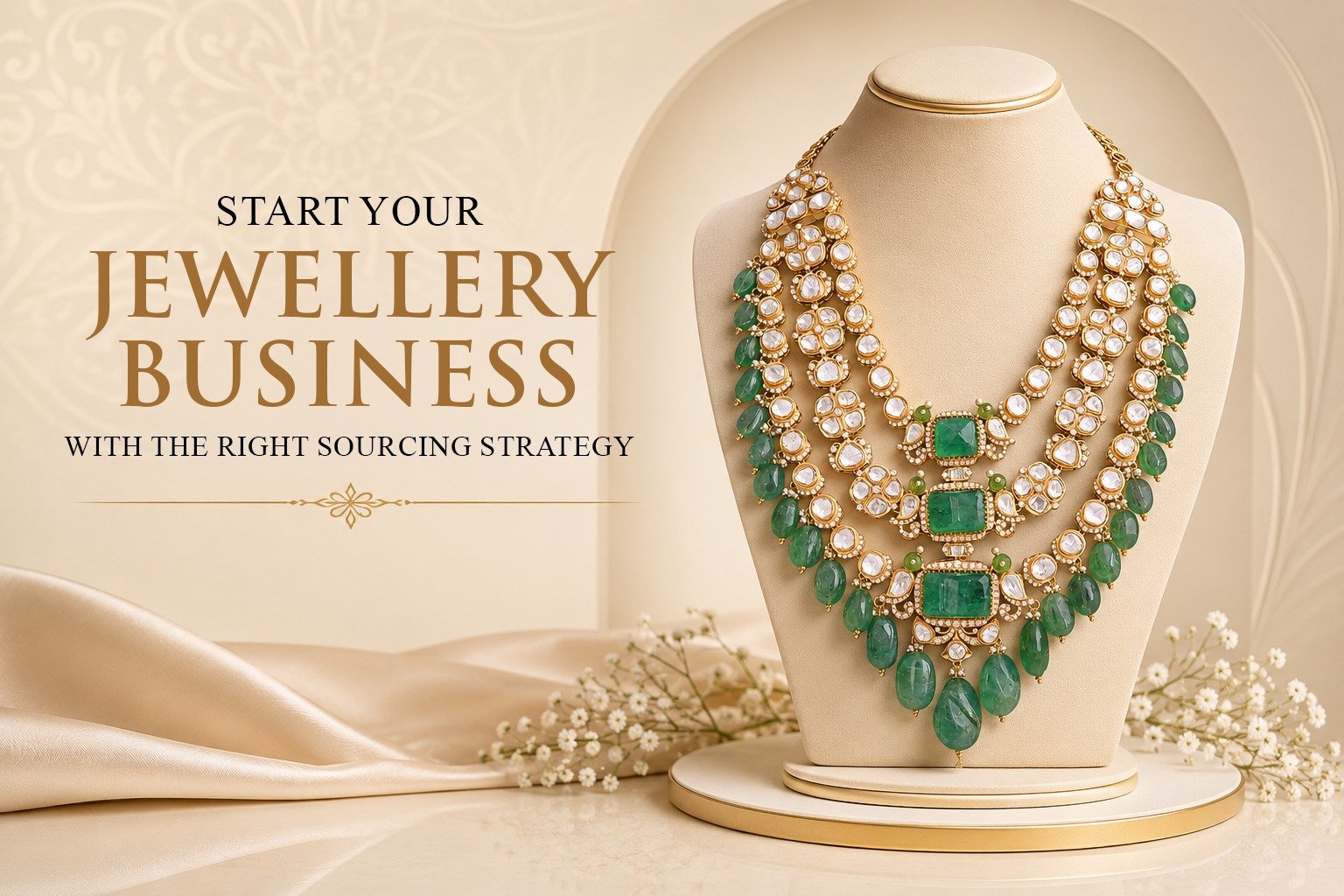 Three-layer Polki necklace with emerald drops on a display bust